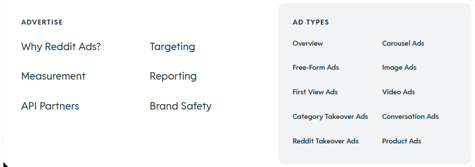 Les différents formats proposés par Reddit Ads.