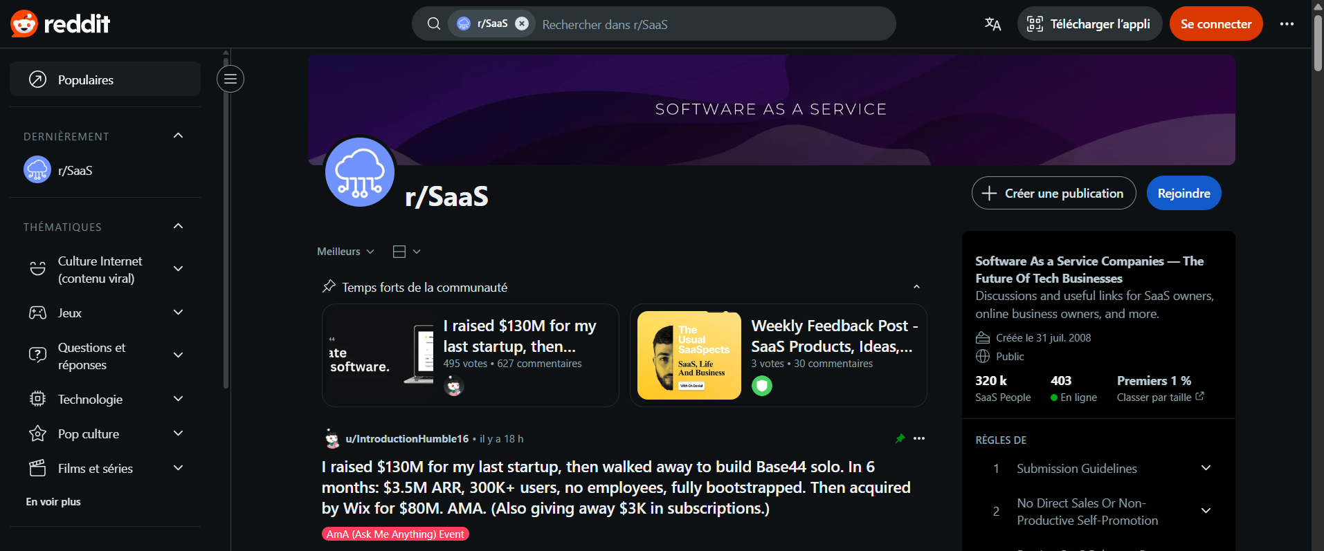 Capture d'écran du subreddit SaaS.