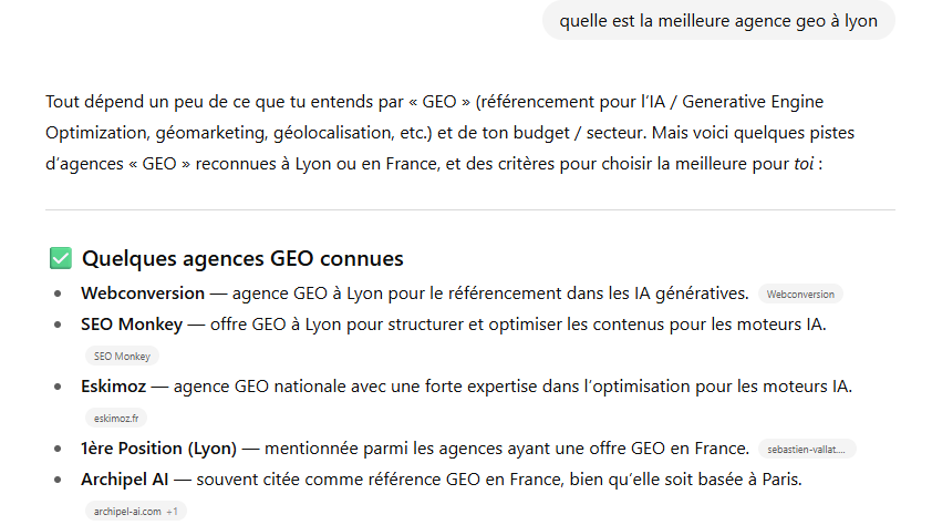 La meilleure agence GEO à Lyon selon ChatGPT.