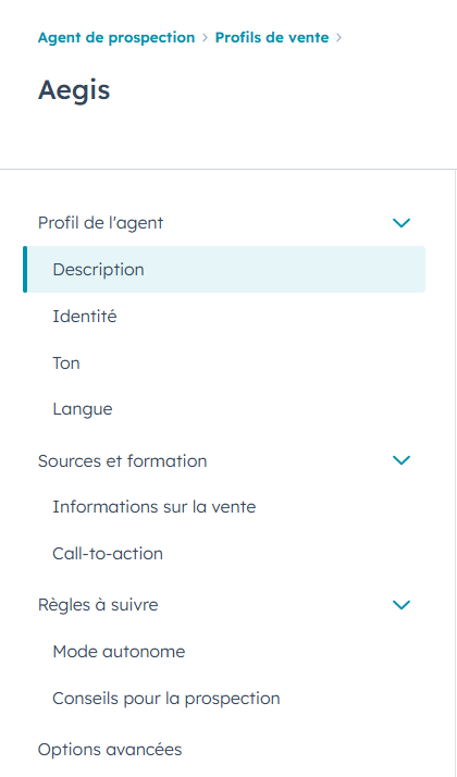 Capture d'écran des paramètres de l'agent de prospection IA de HubSpot.
