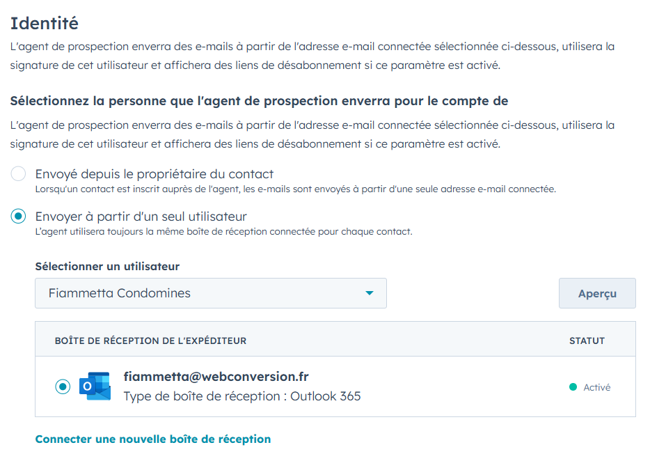 Capture d'écran de l'identité à utiliser par l'agent de prospection IA de HubSpot.
