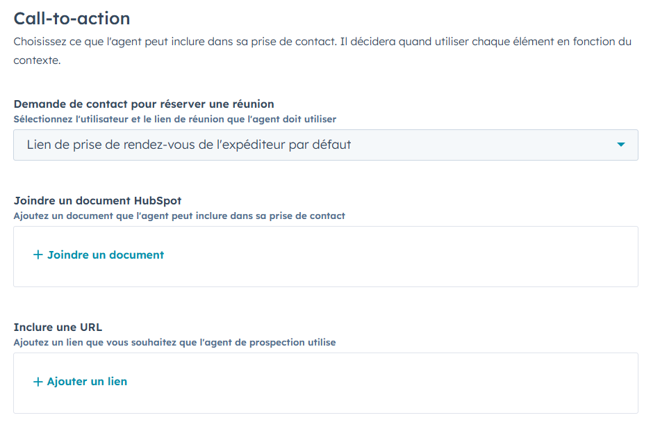 Capture d'écran de la configuration du call ton action des emails de l'agent de prospection IA de HubSpot.