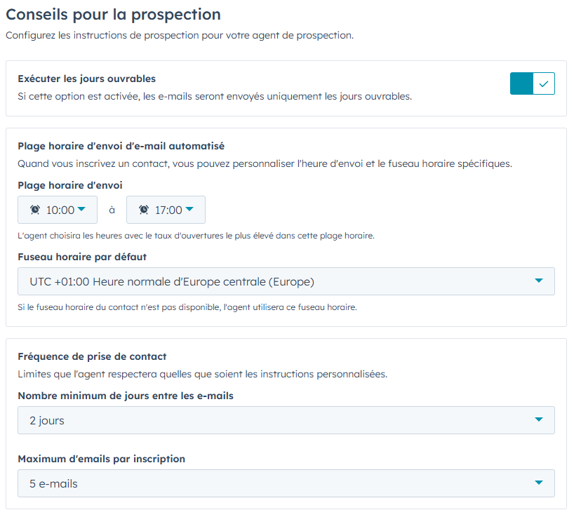 Capture d'écran des configurations à définir pour l'agent de prospection IA de HubSpot.