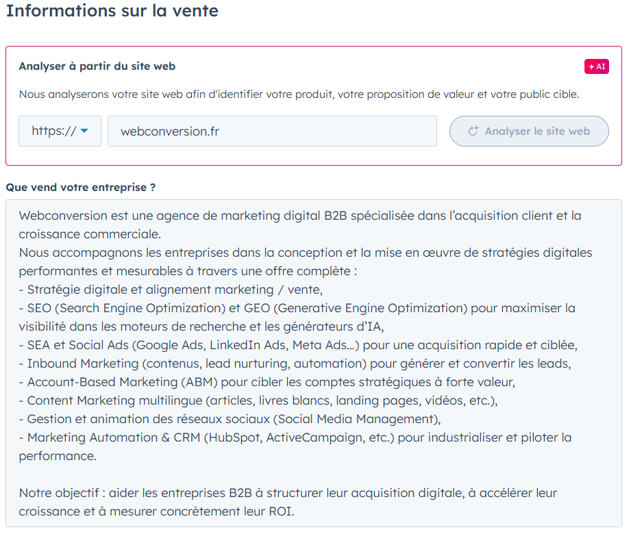 Capture d'écran des champs à remplir pour renseigner le ton à employer par l'agent de prospection IA de HubSpot.