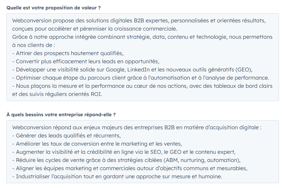 Capture d'écran des champs de proposition de valeur à remplir pour l'agent de prospection IA de HubSpot.